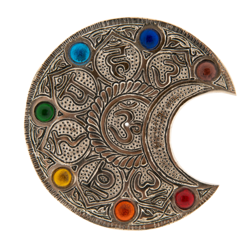 Artikelbild des Artikels “Räucherstäbchenhalter Mond mit Chakraglassteinchen und Mantra Weißmetall “