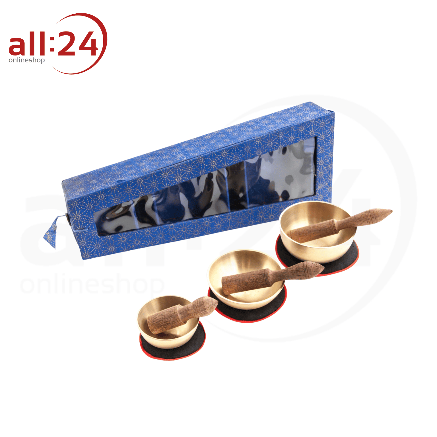 Artikelbild 1 des Artikels “Berk  Klangschalen 3erSet in blauer Box mit Unterlagen, und Klangstäben “