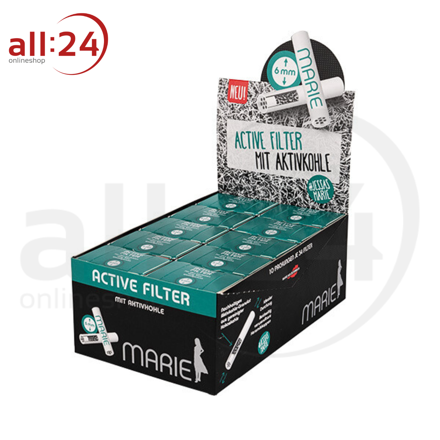 Artikelbild 1 des Artikels “MARIE Active Filter 6mm - Karton mit 10 Boxen à 34 Aktivkohlefiltern “