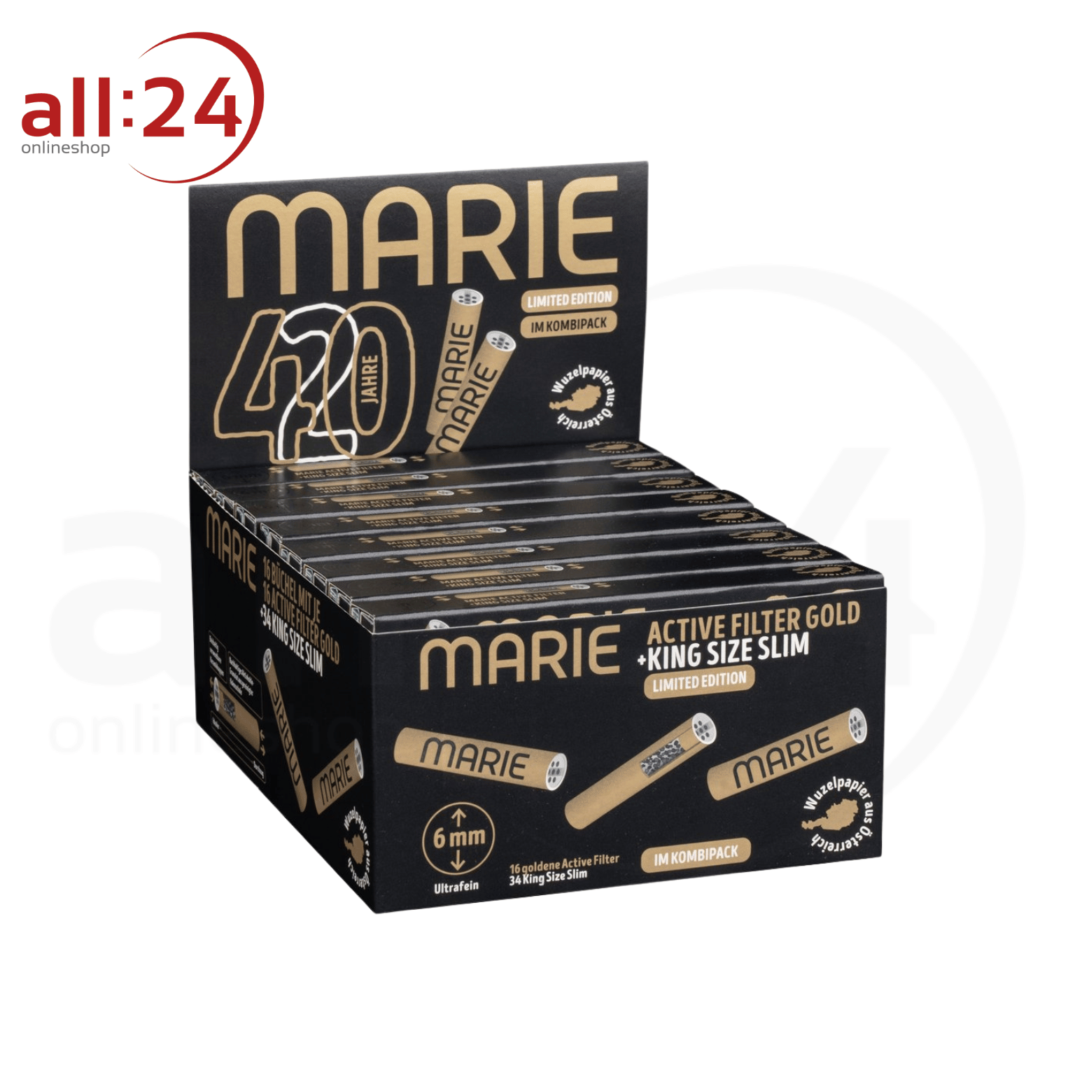 Artikelbild 1 des Artikels “BOX MARIE Active Filter Gold King Size Slim Zigarettenpapier 16 Stück “