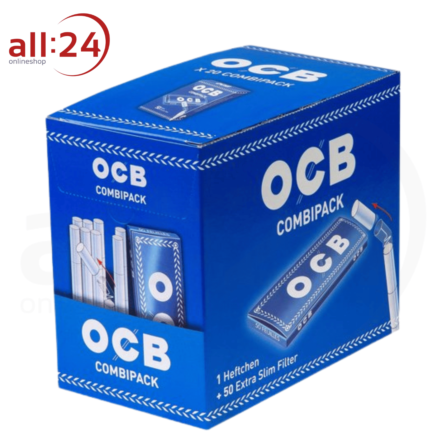 Artikelbild 1 des Artikels “BOX 20 OCB Blau Combipack: 50 Zigarettenpapiere + 50 Extra Slim Filter “