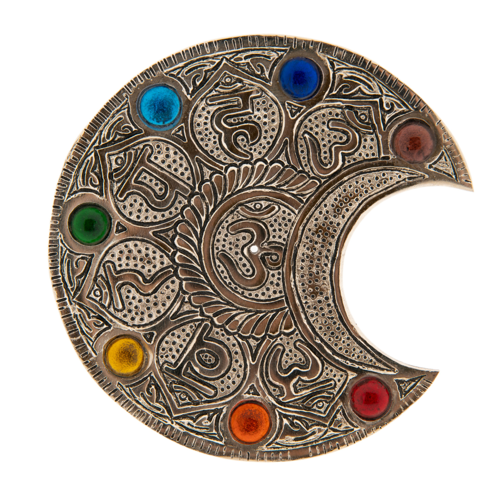 Artikelbild 1 des Artikels “Räucherstäbchenhalter Mond mit Chakraglassteinchen und Mantra Weißmetall “