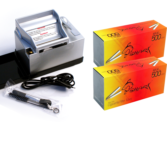 Artikelbild 1 des Artikels “Wert-Set: Powermatic 2 PLUS Silber Stopfmaschine mit 1.000 SHARK Zigarettenhülsen “