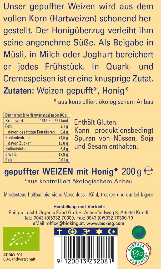 Artikelbild 2 des Artikels “BioKing Gepuffter Bio Weizen mit Honig, 200g “