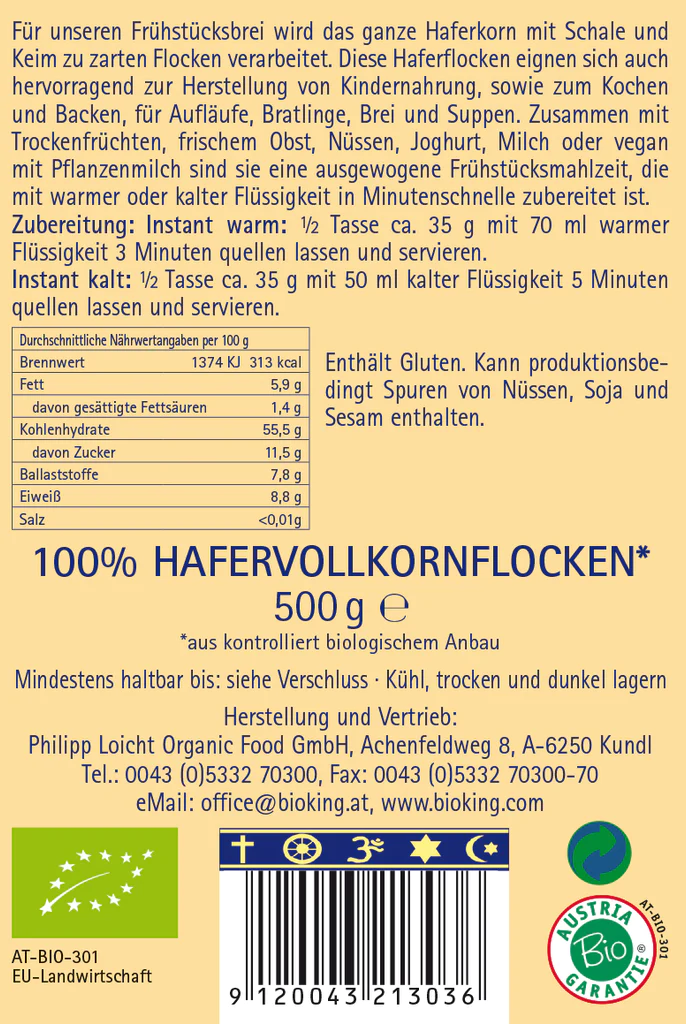 Artikelbild 2 des Artikels “BioKing Bio Frühstücksbrei Porridge Hafer, 500g “