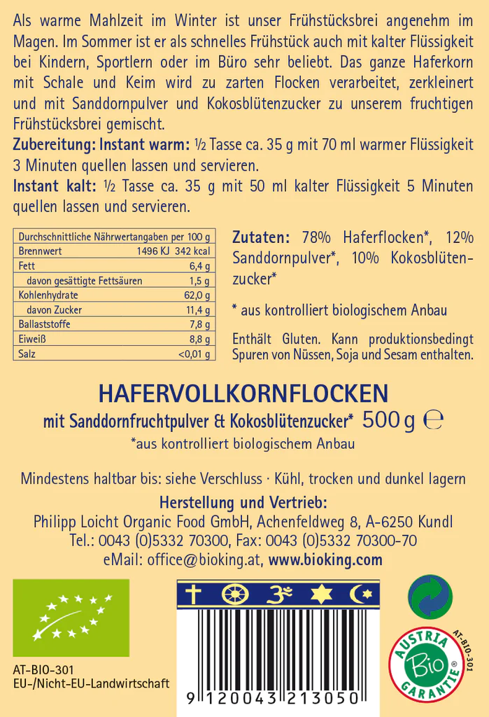Artikelbild 2 des Artikels “BioKing Bio Frühstücksbrei Porridge Sanddorn, 500g “
