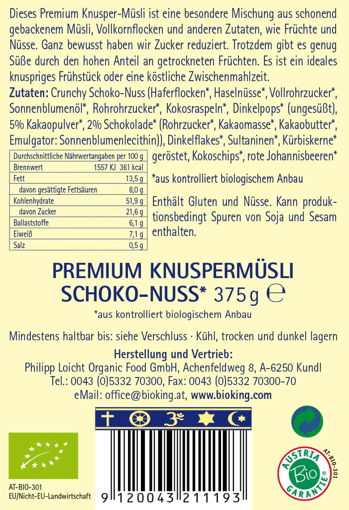 Artikelbild 2 des Artikels “BioKing Bio Premium Knuspermüsli Schoko-Nuss, 375g “