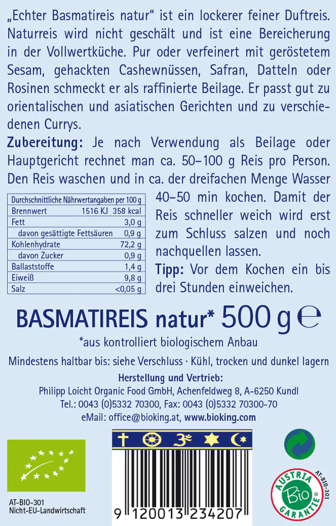 Artikelbild 2 des Artikels “BioKing Echter Indischer Bio Basmatireis Ungeschält, 500g “