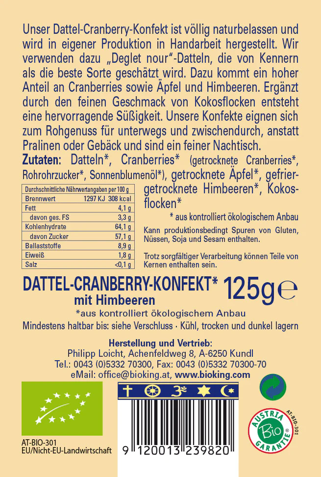 Artikelbild 2 des Artikels “BioKing Bio Dattel-Cranberry-Konfekt mit Himbeeren, 125g “